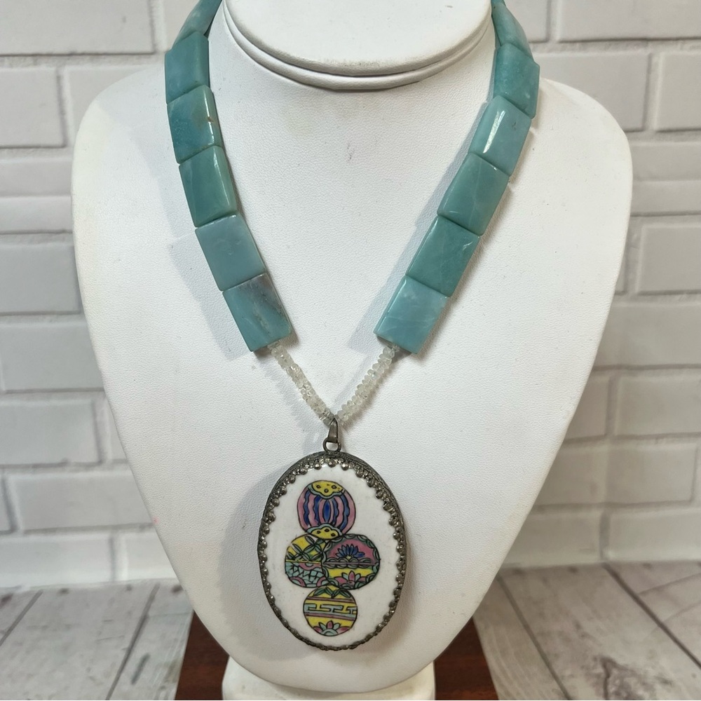 Vintage Blue Stone Necklace Oval Pottery Pendant hand-painted Ceramic Metal OOAK - Picture 1 of 16